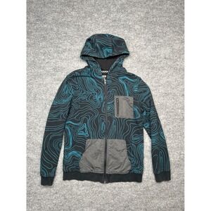 Mossimo Boys XL 16 Full Zip Hoodie Black Teal Topo Map Graphic Utility Pocket